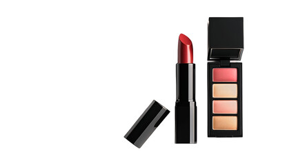A tube of lipstick next to a makeup palette isolated on a transparent background