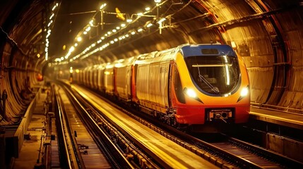 Fototapeta premium Nighttime View of a Modern Train Approaching in a Well-Lit Underground Subway Tunnel
