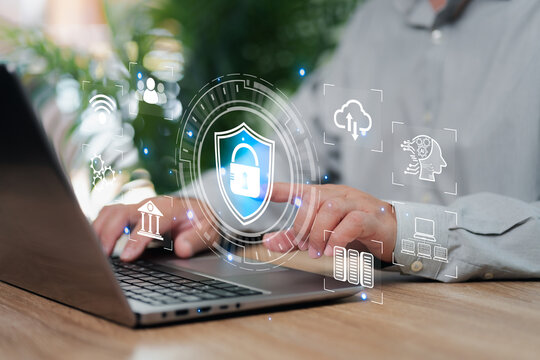Cyber security and Security password login online concept, Businessman use laptops to log in online personal data, AI interface technology for life, Social media, Banking, protection account, Theft - Powered by Adobe