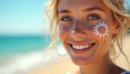 Smiling woman with sun-shaped sunblock on face at sea beach. Blonde girl uses sunscreen to protect skin from UV rays. Focus on skincare, sun protection, healthy lifestyle.