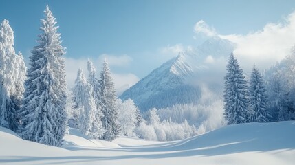 Winter Wonderland, Snow-Covered Trees and Distant Mountain Peaks Serenity