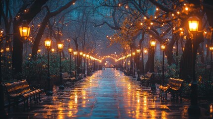 Obraz premium Enchanting cityscape in a rainy park with warm lights creating magical atmosphere
