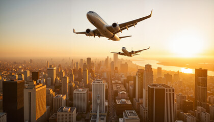 Aircraft soaring above urban skyline at sunset, dynamic flight
