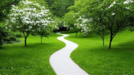 Obraz premium Serene Pathway Through Lush Green Park Surrounded by White Flowering Trees