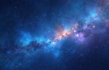 Obraz premium Vibrant blue night sky with many stars, milky way galaxy and nebulae. Dark blue abstract background space wallpaper, galaxy backdrop with glowing starlight, planets, cosmos, night sky illustration.