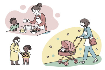 1 Cartoon illustration, families and parenting, diverse family scenes, colorful characters, flat design, parents with babies, toddlers, and children, breastfeeding mother, family meal time, tea party,