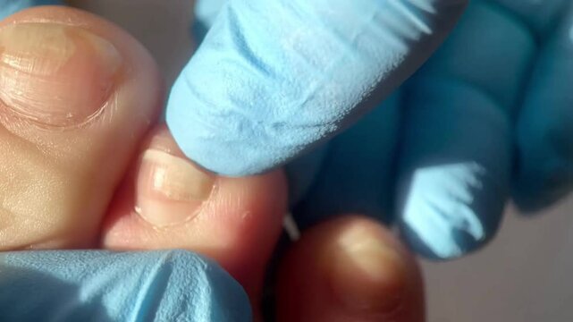 toenail with fungal infection or damage, close-up of nail health problems, nail fungus, doctor examining diseased toenails