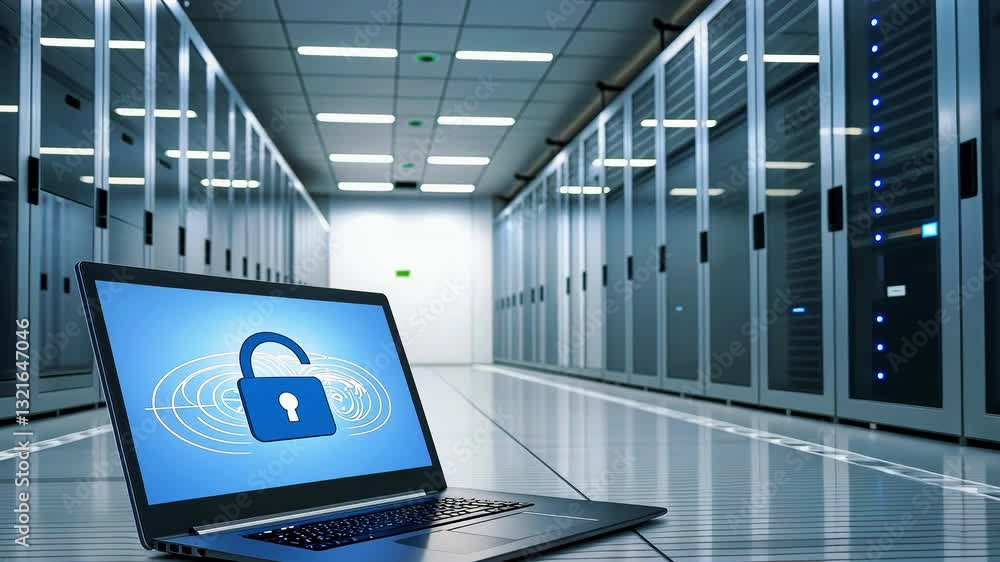 Aufkleber laptop displaying an unlocked padlock icon in a modern data center filled with server racks
