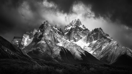 Obraz premium Monochrome majesty, jagged peaks pierce dramatic cloudy skies