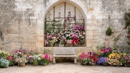 Serene Floral Display: A Tranquil Garden Bench Beside Vintage Stone Structure