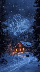 A cozy cabin in a snowy forest during a starry winter night.