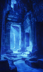 Mystical passage through ancient temple ruins, a serene blue light illuminating the architecture