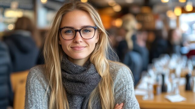 A young woman with long blonde hair and glasses enjoys a moment of relaxation at a bustling cafe. She wears a cozy scarf and smiles warmly at the camera, surrounded by patrons