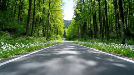 Obraz premium Serene Tree-Lined Road Surrounded by Lush Greenery and Wildflowers in Springtime