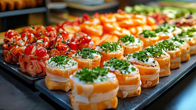 An assortment of gourmet finger foods, including bruschetta, shrimp bites, and cream-filled canapes, displayed on a wooden board