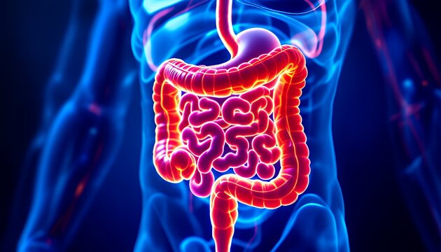 Detailed human digestive system highlighted in vibrant colors