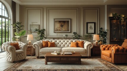 Elegant Living Room Interior Design: Luxurious Beige Sofa, Wooden Furniture, and Classic Decor