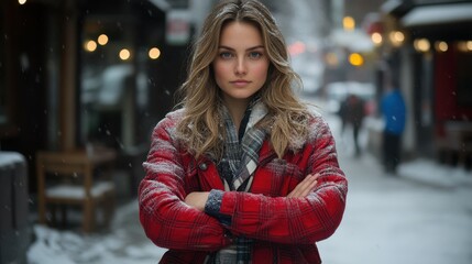 Fototapeta premium A young woman stands in a snowy alley with her arms crossed, sporting a red plaid jacket and a scarf. The urban surroundings feature blurred figures, creating a cozy winter atmosphere