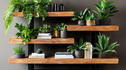 Elegant Open Shelving Unit with Assorted Indoor Plants and Stylish Decorative Items
