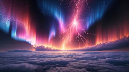 A stunning celestial event showcases vibrant colors and lightning amid bright auroras above fluffy clouds in a starry night sky. This breathtaking moment emphasizes the beauty of space