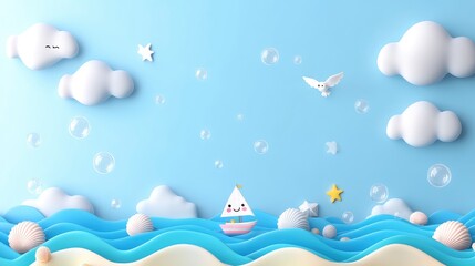 Cartoon sailboat on wavy ocean with clouds, bubbles, stars, and seashells.