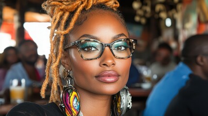 Obraz premium A person with striking features and colorful accessories enjoys their time at a cafe packed with friends