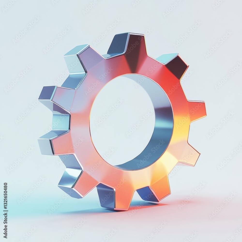 Poster shiny metallic gear symbol representing innovation, mechanism, and technology on soft gradient backg