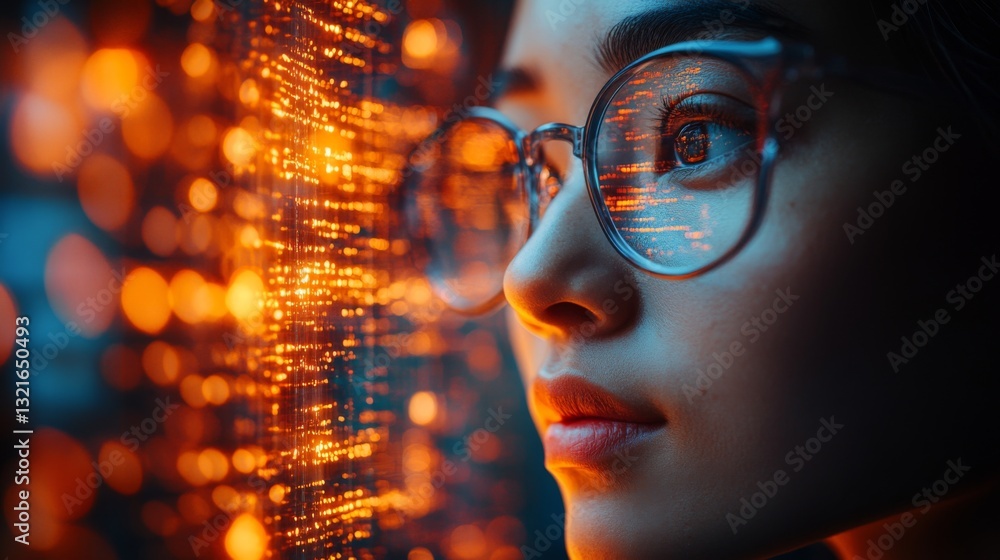 Poster In a dimly lit space, a young individual gazes intently at a glowing array of data streams.