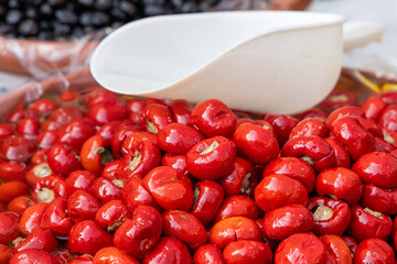 Marinated cherry peppers with anchovy filling rich red color and oily texture highlight their savory taste in a traditional Italian culinary setting