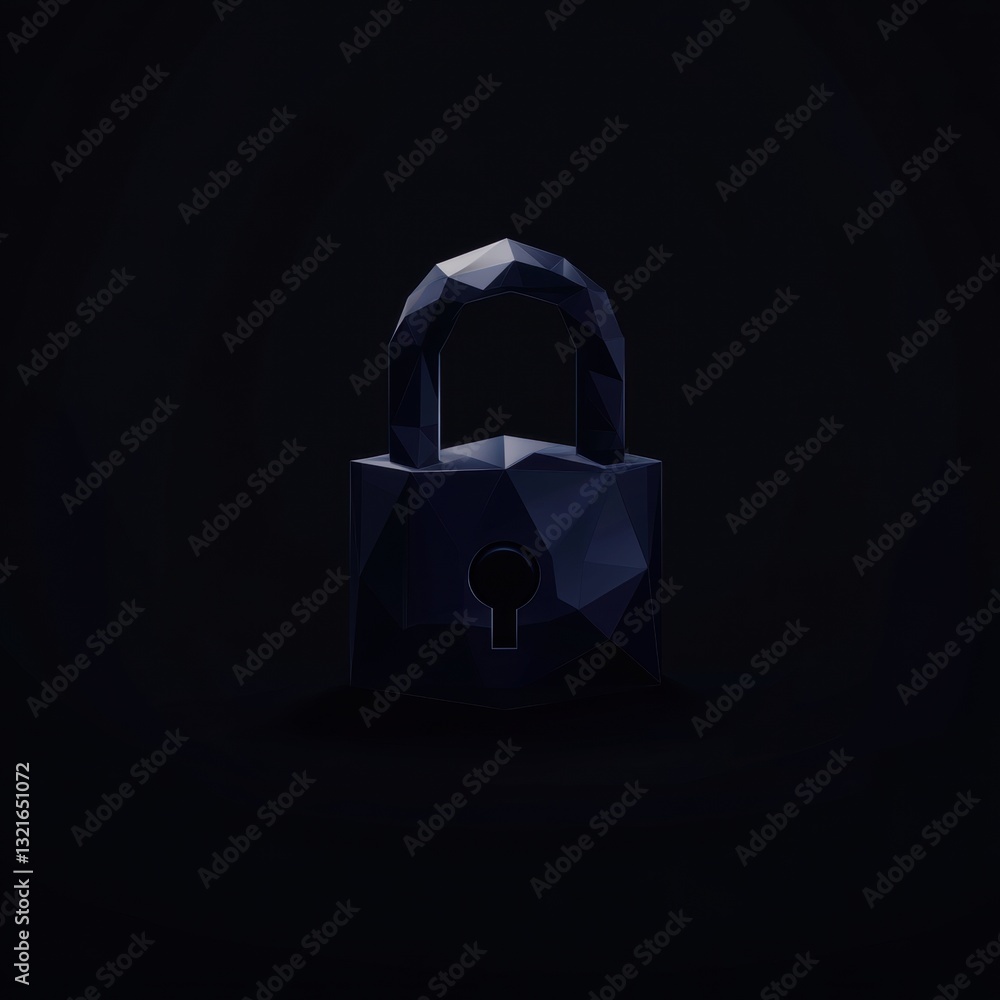 Poster dark polished geometric lock design isolated on black background with angular shapes and modern aest