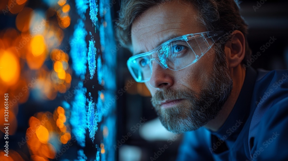 Leinwandbilder A researcher focuses intently on quantum computing theories, analyzing visual representations of qubits and their properties. The environment showcases high-tech equipment and data visualizations.