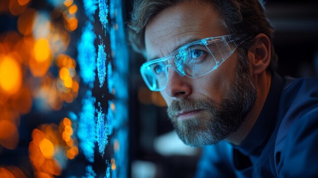 A researcher focuses intently on quantum computing theories, analyzing visual representations of qubits and their properties. The environment showcases high-tech equipment and data visualizations.