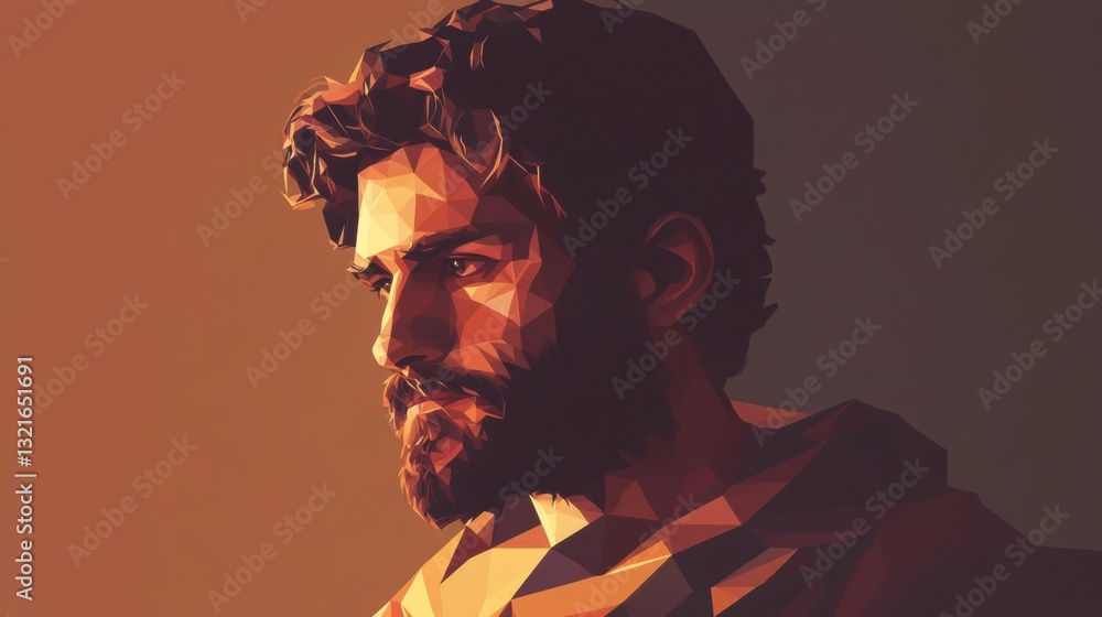 Poster man with beard in abstract polygonal art style against gradient background, modern digital artwork w