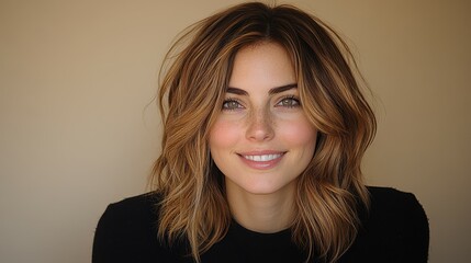 Obraz premium A woman smiles softly, showcasing her natural features and tousled hair in a bright, neutral setting. She exudes warmth and confidence in her expression