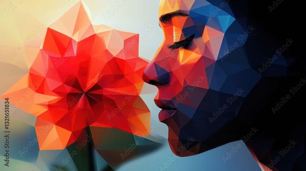 Poster woman's profile with geometric patterns interacting with a vibrant red flower in a surreal artistic 