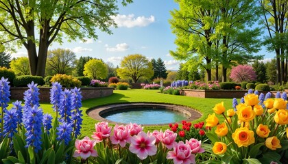 Obraz premium Beautiful garden with colorful flowers and a tranquil pond