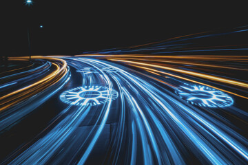 Abstract light lines create clock hands and bright blue stripe shadows on a black background.