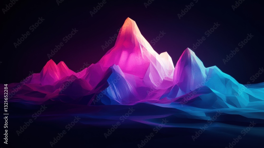 Poster vibrant abstract mountain landscape with glowing peaks and colorful gradient effects in a dark backg