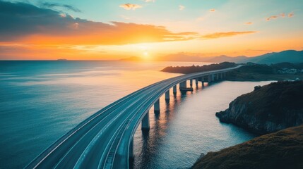 Obraz premium A scenic sunset view over a coastal bridge, highlighting tranquil waters and distant mountains under a colorful sky