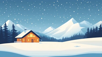 Fototapeta premium A serene winter landscape featuring a cozy cabin surrounded by snow-covered mountains.