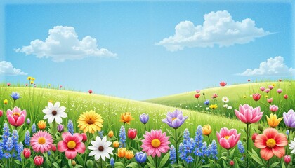 Fototapeta premium Colorful flower field with blue sky and fluffy clouds