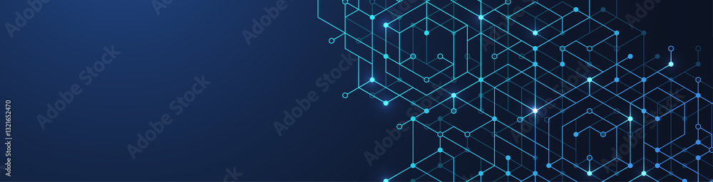 Poster Modern technology illustration with square grid. Technology banner template cubes texture. Digital geometric abstraction with lines and dots