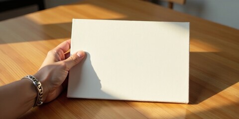 Obraz premium A Hand Holding a Blank Canvas in Sunlight on a Wooden Table