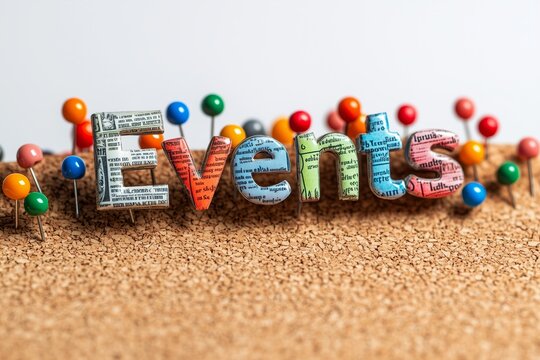 The word Events pinned to a cork notice board. Events may refer to news and current affairs, special occasions or circumstances that influence business planning 