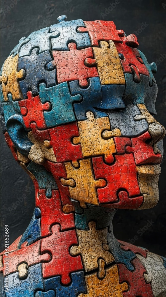 Poster colorful puzzle piece sculpture representing human identity and complexity in an artistic setting