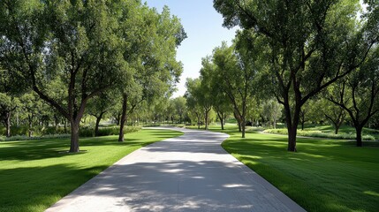 Fototapeta premium Scenic pathway through lush green trees in a serene park landscape during daylight