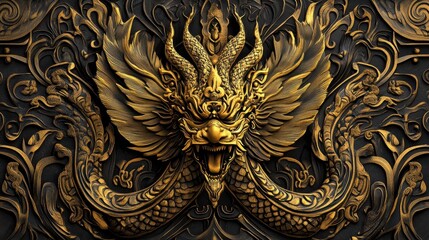 Golden Dragon Carving  Asian Art  Intricate Design  Black Background