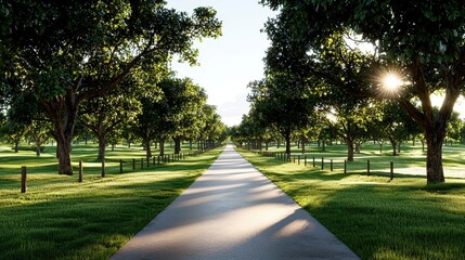 Fototapeta premium Serene Pathway Through Lush Green Orchard Under Bright Sunlight in Early Morning