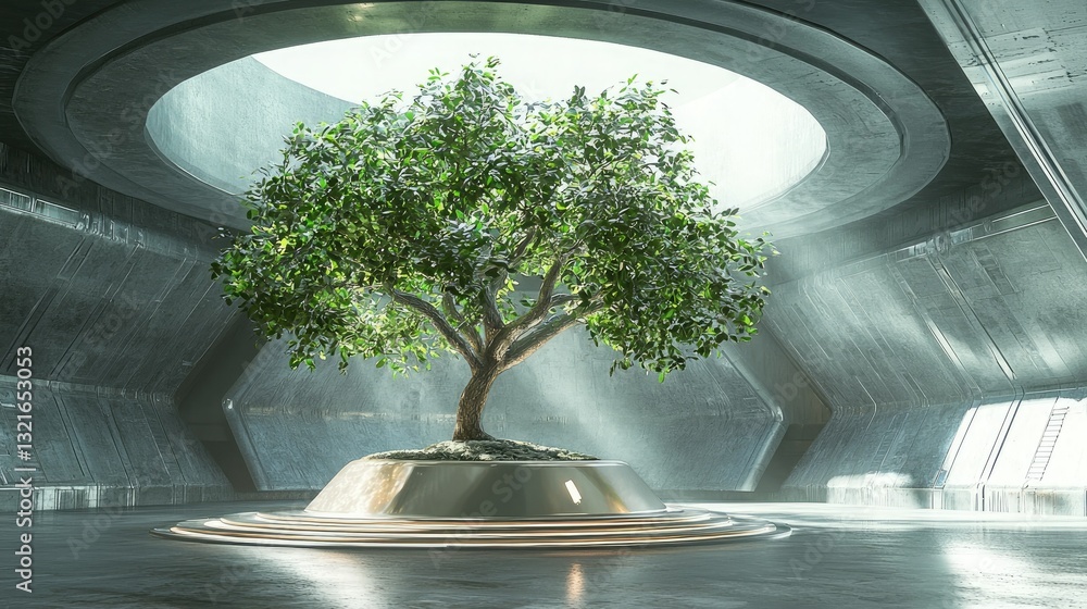Poster A digital 3D rendering of a money tree in a futuristic setting 