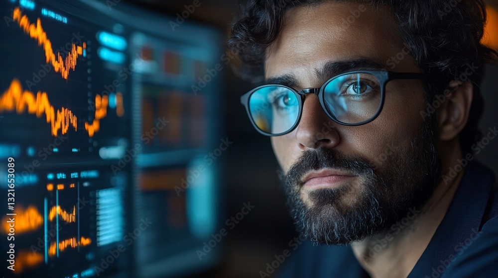 Poster A researcher analyzes complex datasets related to quantum computing and machine learning in a contemporary office. Focus is on algorithms as he provides insights into qubits and neural networks.